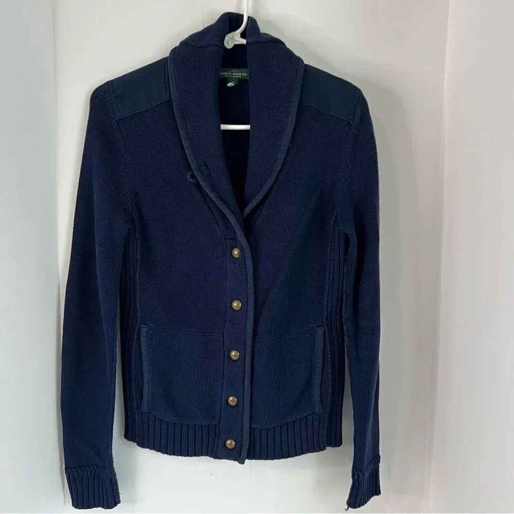 Lauren Ralph Lauren Shawl Nautical Blue Cardigan Elbow Patch Women Sweater Sz S